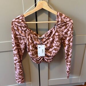 Lush Pink and Brown Ruched Floral Blouse